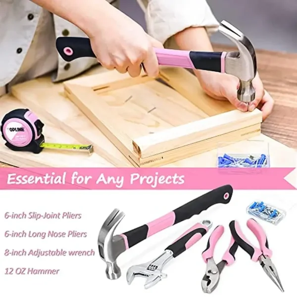 208-Piece Pink Tool Kit Round Pouch Small Apartment Home Household Ladies Set Hammer Hex Key Pliers Wrench DIY Projects Work - Image 4