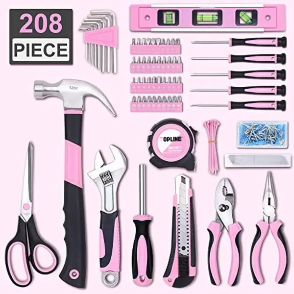 208-Piece Pink Tool Kit Round Pouch Small Apartment Home Household Ladies Set Hammer Hex Key Pliers Wrench DIY Projects Work - Image 2